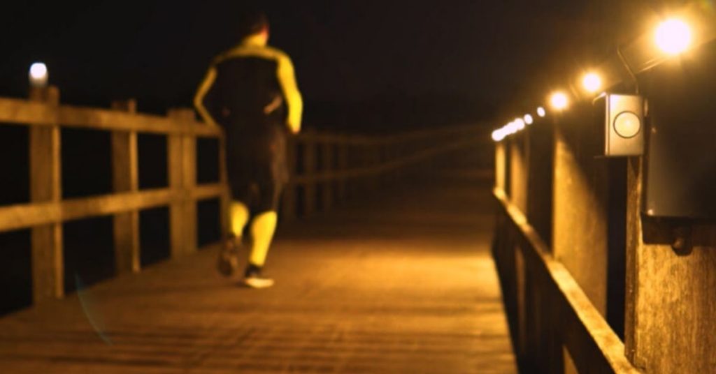 Wooden bridge illuminated by Tracy, the linear lighting panel