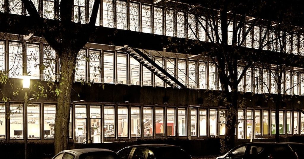 Technical University of Denmark - smart library at night, lit up by LED iBond lights.