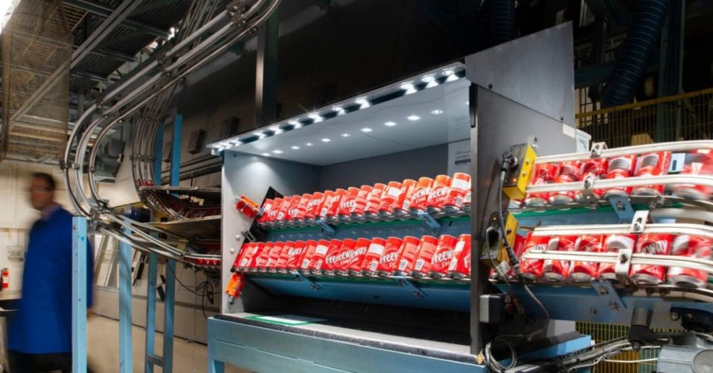 Production line illuminated by LED iBond lights at Ball Beverage Packaging